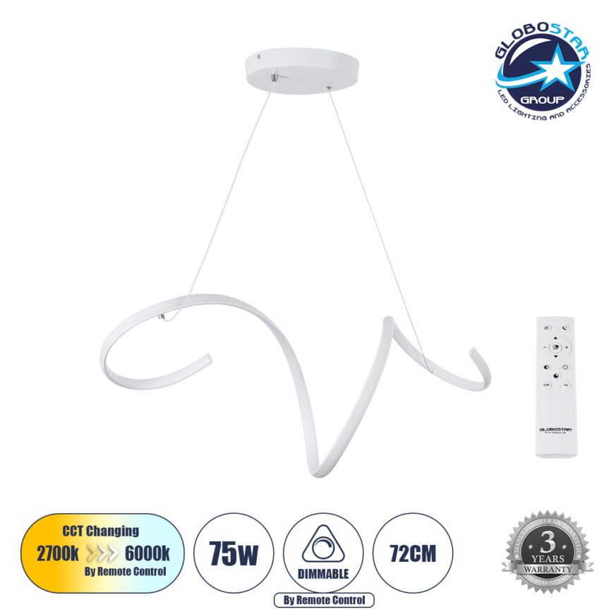 GloboStar® SPIRALE 61284 Κρεμαστό Φωτιστικό Οροφής Design LED CCT 75W 8400lm 300° AC 220-240V - Εναλλαγή Φωτισμού μέσω Τηλεχειριστηρίου All In One Ψυχρό 6000k+Φυσικό 4500k+Θερμό 2700k Dimmable Μ72 x Π25 x Υ18cm - Λευκό - 3 Years Warranty