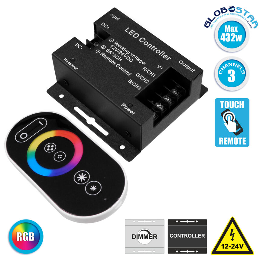 GloboStar® 73406 Ασύρματος LED RGB Controller με Χειριστήριο Αφής 2.4G RF 12v (216w) - 24v (432w) DC