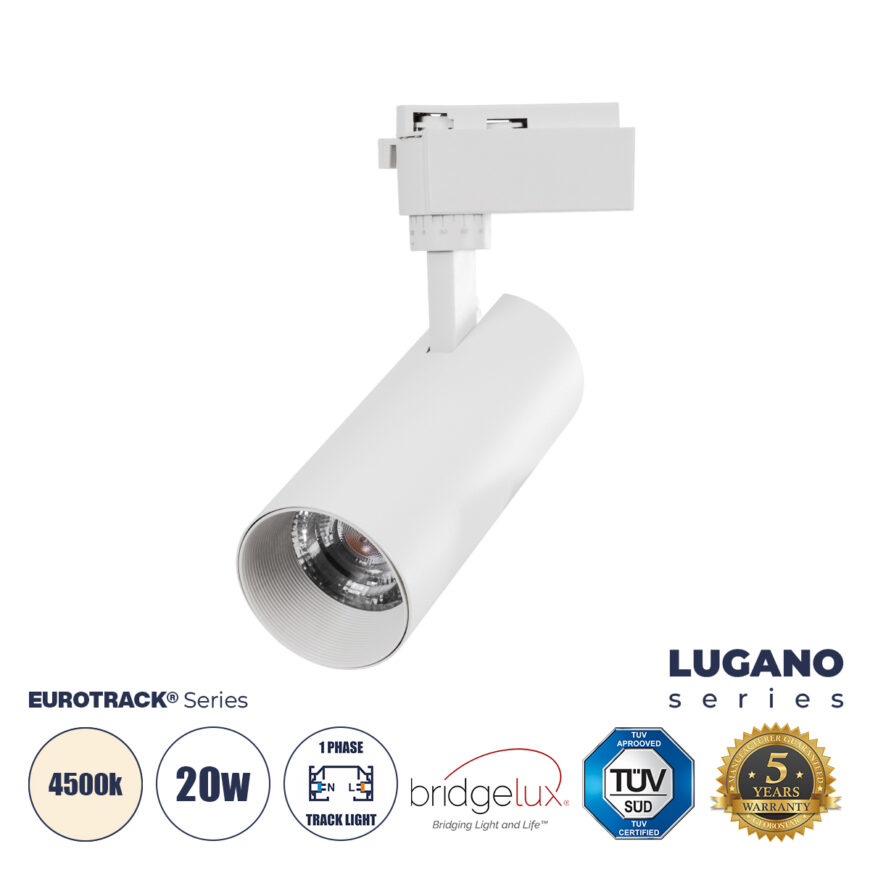 GloboStar® LUGANO 60807 Μονοφασικό Φωτιστικό Σποτ Ράγας LED 20W 2500lm 36° Acrylic HQ LENS AC 220-240V IP20 Φ6.5 x Υ22cm Φυσικό Λευκό 4500K - EUROTRACK® System 1L+1N - Λευκό - Bridgelux Chip - TÜV Certified Driver - 5 Χρόνια Εγγύηση