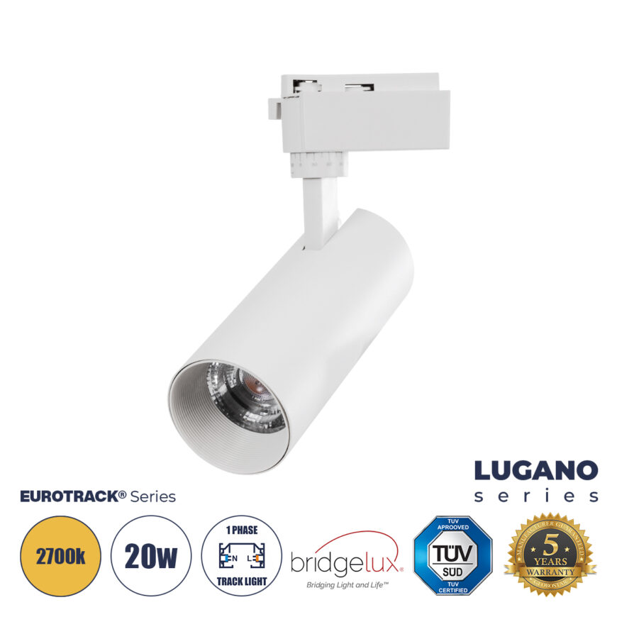 GloboStar® LUGANO 60808 Μονοφασικό Φωτιστικό Σποτ Ράγας LED 20W 2400lm 36° Acrylic HQ LENS AC 220-240V IP20 Φ6.5 x Υ22cm Θερμό Λευκό 2700K - EUROTRACK® System 1L+1N - Λευκό - Bridgelux Chip - TÜV Certified Driver - 5 Χρόνια Εγγύηση