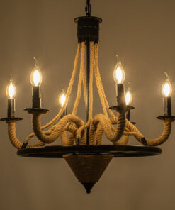 GloboStar® PENNSYLVANIA 00541 Vintage Κρεμαστό Φωτιστικό Οροφής Πολύφωτο 6 x E14 Μαύρο Μεταλλικό Πολυέλαιος με Μπεζ Σχοινί Φ64 x Y63cm