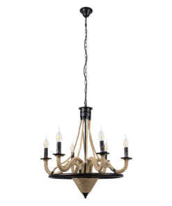 GloboStar® PENNSYLVANIA 00541 Vintage Κρεμαστό Φωτιστικό Οροφής Πολύφωτο 6 x E14 Μαύρο Μεταλλικό Πολυέλαιος με Μπεζ Σχοινί Φ64 x Y63cm