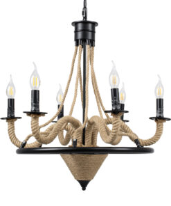 GloboStar® PENNSYLVANIA 00541 Vintage Κρεμαστό Φωτιστικό Οροφής Πολύφωτο 6 x E14 Μαύρο Μεταλλικό Πολυέλαιος με Μπεζ Σχοινί Φ64 x Y63cm