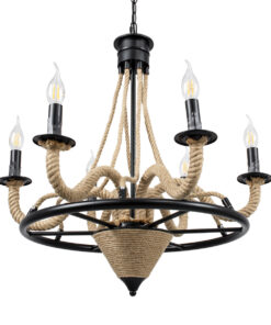 GloboStar® PENNSYLVANIA 00541 Vintage Κρεμαστό Φωτιστικό Οροφής Πολύφωτο 6 x E14 Μαύρο Μεταλλικό Πολυέλαιος με Μπεζ Σχοινί Φ64 x Y63cm