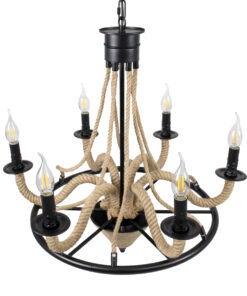 GloboStar® PENNSYLVANIA 00541 Vintage Κρεμαστό Φωτιστικό Οροφής Πολύφωτο 6 x E14 Μαύρο Μεταλλικό Πολυέλαιος με Μπεζ Σχοινί Φ64 x Y63cm