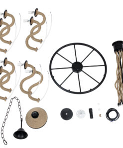 GloboStar® PENNSYLVANIA 00542 Vintage Κρεμαστό Φωτιστικό Οροφής Πολύφωτο 8 x E14 Μαύρο Μεταλλικό Πολυέλαιος με Μπεζ Σχοινί Φ64 x Y63cm