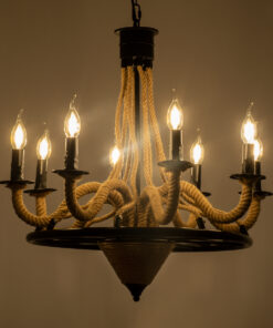 GloboStar® PENNSYLVANIA 00542 Vintage Κρεμαστό Φωτιστικό Οροφής Πολύφωτο 8 x E14 Μαύρο Μεταλλικό Πολυέλαιος με Μπεζ Σχοινί Φ64 x Y63cm