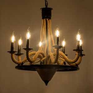 GloboStar® PENNSYLVANIA 00542 Vintage Κρεμαστό Φωτιστικό Οροφής Πολύφωτο 8 x E14 Μαύρο Μεταλλικό Πολυέλαιος με Μπεζ Σχοινί Φ64 x Y63cm