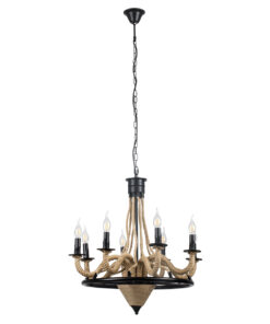 GloboStar® PENNSYLVANIA 00542 Vintage Κρεμαστό Φωτιστικό Οροφής Πολύφωτο 8 x E14 Μαύρο Μεταλλικό Πολυέλαιος με Μπεζ Σχοινί Φ64 x Y63cm