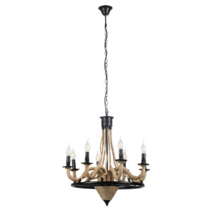 GloboStar® PENNSYLVANIA 00542 Vintage Κρεμαστό Φωτιστικό Οροφής Πολύφωτο 8 x E14 Μαύρο Μεταλλικό Πολυέλαιος με Μπεζ Σχοινί Φ64 x Y63cm