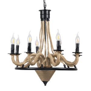 GloboStar® PENNSYLVANIA 00542 Vintage Κρεμαστό Φωτιστικό Οροφής Πολύφωτο 8 x E14 Μαύρο Μεταλλικό Πολυέλαιος με Μπεζ Σχοινί Φ64 x Y63cm