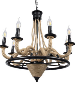 GloboStar® PENNSYLVANIA 00542 Vintage Κρεμαστό Φωτιστικό Οροφής Πολύφωτο 8 x E14 Μαύρο Μεταλλικό Πολυέλαιος με Μπεζ Σχοινί Φ64 x Y63cm