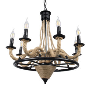 GloboStar® PENNSYLVANIA 00542 Vintage Κρεμαστό Φωτιστικό Οροφής Πολύφωτο 8 x E14 Μαύρο Μεταλλικό Πολυέλαιος με Μπεζ Σχοινί Φ64 x Y63cm