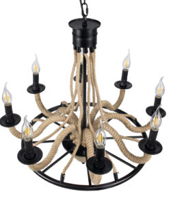 GloboStar® PENNSYLVANIA 00542 Vintage Κρεμαστό Φωτιστικό Οροφής Πολύφωτο 8 x E14 Μαύρο Μεταλλικό Πολυέλαιος με Μπεζ Σχοινί Φ64 x Y63cm