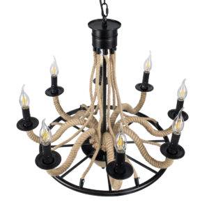 GloboStar® PENNSYLVANIA 00542 Vintage Κρεμαστό Φωτιστικό Οροφής Πολύφωτο 8 x E14 Μαύρο Μεταλλικό Πολυέλαιος με Μπεζ Σχοινί Φ64 x Y63cm