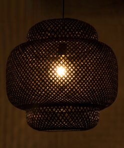 GloboStar® MALDIVES 00579 Μοντέρνο Κρεμαστό Φωτιστικό Οροφής Μονόφωτο 1 x E27 Μαύρο Bamboo Πλέγμα Φ56 x Υ54cm