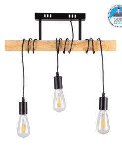 GloboStar® JOLLY 00605 Vintage Κρεμαστό Φωτιστικό Οροφής Τρίφωτο 3 x E27 Μαύρο Μεταλλικό Ξύλινο Ράγα Μ55 x Π6 x Υ30cm έως Y115cm max