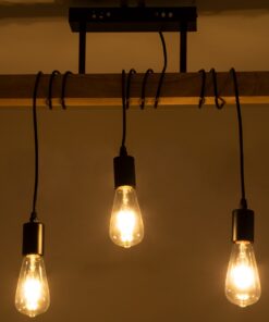 GloboStar® JOLLY 00605 Vintage Κρεμαστό Φωτιστικό Οροφής Τρίφωτο 3 x E27 Μαύρο Μεταλλικό Ξύλινο Ράγα Μ55 x Π6 x Υ30cm έως Y115cm max