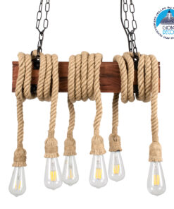 GloboStar® VIKING 00606 Vintage Κρεμαστό Φωτιστικό Οροφής Πολύφωτο 6 x E27 Σκούρο Καφέ Μεταλλικό Ξύλινο Ράγα Μ53 x Π11 x Υ96cm έως Y220cm max
