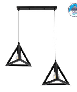 GloboStar® TRIANGLE 00611 Μοντέρνο Κρεμαστό Φωτιστικό Οροφής Δίφωτο 2 x E27 Μαύρο Μεταλλικό Πλέγμα Μ60 x Π22 x Y130cm