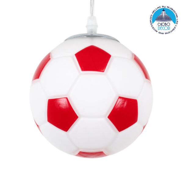 GloboStar® FOOTBALL 00642 Μοντέρνο Κρεμαστό Παιδικό Φωτιστικό Οροφής Μονόφωτο 1 x E27 Κόκκινο Λευκό Γυάλινο Φ15 x Υ18cm