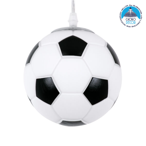 GloboStar® FOOTBALL 00643 Μοντέρνο Κρεμαστό Παιδικό Φωτιστικό Οροφής Μονόφωτο 1 x E27 Μαύρο Λευκό Γυάλινο Φ15 x Υ18cm