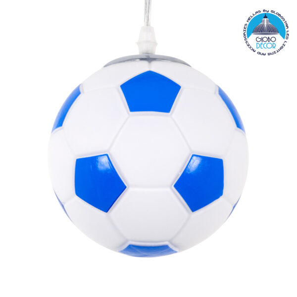 GloboStar® FOOTBALL 00644 Μοντέρνο Κρεμαστό Παιδικό Φωτιστικό Οροφής Μονόφωτο 1 x E27 Γαλάζιο Λευκό Γυάλινο Φ15 x Υ18cm