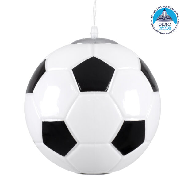 GloboStar® FOOTBALL 00647 Μοντέρνο Κρεμαστό Παιδικό Φωτιστικό Οροφής Μονόφωτο 1 x E27 Μαύρο Λευκό Γυάλινο Φ25 x Υ25cm