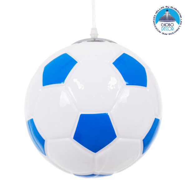 GloboStar® FOOTBALL 00648 Μοντέρνο Κρεμαστό Παιδικό Φωτιστικό Οροφής Μονόφωτο 1 x E27 Γαλάζιο Λευκό Γυάλινο Φ25 x Υ25cm