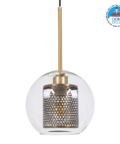 GloboStar® AVERY 00739 Μοντέρνο Κρεμαστό Φωτιστικό Οροφής Μονόφωτο 1 x E27 Διάφανο Γυάλινο με Χρυσό Μεταλλικό Πλέγμα Φ18 x Υ38cm