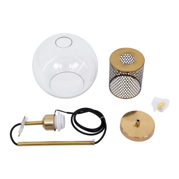 GloboStar® AVERY 00739 Μοντέρνο Κρεμαστό Φωτιστικό Οροφής Μονόφωτο 1 x E27 Διάφανο Γυάλινο με Χρυσό Μεταλλικό Πλέγμα Φ18 x Υ38cm