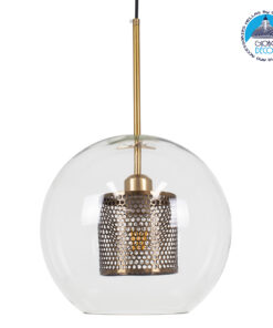 GloboStar® AVERY 00740 Μοντέρνο Κρεμαστό Φωτιστικό Οροφής Μονόφωτο 1 x E27 Διάφανο Γυάλινο με Χρυσό Μεταλλικό Πλέγμα Φ30 x Υ48cm