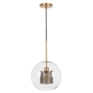 GloboStar® AVERY 00740 Μοντέρνο Κρεμαστό Φωτιστικό Οροφής Μονόφωτο 1 x E27 Διάφανο Γυάλινο με Χρυσό Μεταλλικό Πλέγμα Φ30 x Υ48cm