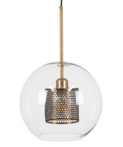 GloboStar® AVERY 00740 Μοντέρνο Κρεμαστό Φωτιστικό Οροφής Μονόφωτο 1 x E27 Διάφανο Γυάλινο με Χρυσό Μεταλλικό Πλέγμα Φ30 x Υ48cm