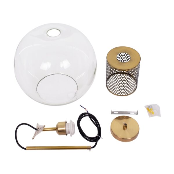 GloboStar® AVERY 00740 Μοντέρνο Κρεμαστό Φωτιστικό Οροφής Μονόφωτο 1 x E27 Διάφανο Γυάλινο με Χρυσό Μεταλλικό Πλέγμα Φ30 x Υ48cm
