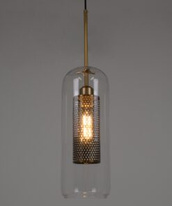 GloboStar® AVERY 00741 Μοντέρνο Κρεμαστό Φωτιστικό Οροφής Μονόφωτο 1 x E27 Διάφανο Γυάλινο με Χρυσό Μεταλλικό Πλέγμα Φ15 x Υ60cm