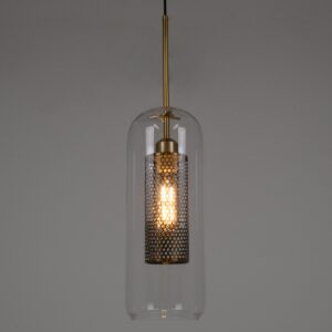 GloboStar® AVERY 00741 Μοντέρνο Κρεμαστό Φωτιστικό Οροφής Μονόφωτο 1 x E27 Διάφανο Γυάλινο με Χρυσό Μεταλλικό Πλέγμα Φ15 x Υ60cm