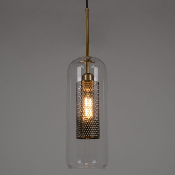 GloboStar® AVERY 00741 Μοντέρνο Κρεμαστό Φωτιστικό Οροφής Μονόφωτο 1 x E27 Διάφανο Γυάλινο με Χρυσό Μεταλλικό Πλέγμα Φ15 x Υ60cm