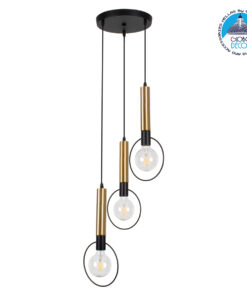 GloboStar® OLVERO 00773 Μοντέρνο Κρεμαστό Φωτιστικό Οροφής Τρίφωτο 3 x E27 Μαύρο – Χρυσό Μεταλλικό Πλέγμα Φ30 x Y130cm