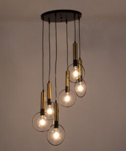 GloboStar® OLVERO 00774 Μοντέρνο Κρεμαστό Φωτιστικό Οροφής Πολύφωτο 6 x E27 Μαύρο – Χρυσό Μεταλλικό Πλέγμα Φ55 x Y130cm