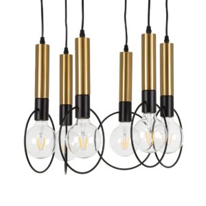 GloboStar® OLVERO 00774 Μοντέρνο Κρεμαστό Φωτιστικό Οροφής Πολύφωτο 6 x E27 Μαύρο – Χρυσό Μεταλλικό Πλέγμα Φ55 x Y130cm