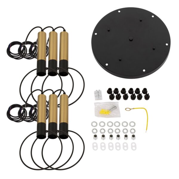 GloboStar® OLVERO 00774 Μοντέρνο Κρεμαστό Φωτιστικό Οροφής Πολύφωτο 6 x E27 Μαύρο – Χρυσό Μεταλλικό Πλέγμα Φ55 x Y130cm