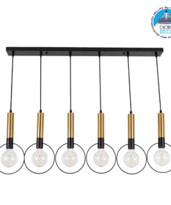 GloboStar® OLVERO 00776 Μοντέρνο Κρεμαστό Φωτιστικό Οροφής Πολύφωτο 6 x E27 Μαύρο – Χρυσό Μεταλλικό Πλέγμα Μ110 x Π18 x Y130cm
