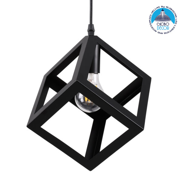 GloboStar® CUBE 00801 Μοντέρνο Κρεμαστό Φωτιστικό Οροφής Μονόφωτο 1 x E27 Μαύρο Μεταλλικό Πλέγμα Μ25 x Π25 x Υ25cm