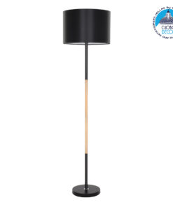 GloboStar® ASHLEY 00824 Μοντέρνο Φωτιστικό Δαπέδου Μονόφωτο 1 x E27 Μαύρο Μεταλλικό Καμπάνα με Μαύρο Ύφασμα & Εφέ Ξύλου D40 x H145cm