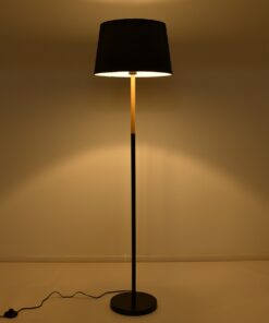 GloboStar® CEDAR 00827 Μοντέρνο Φωτιστικό Δαπέδου Μονόφωτο 1 x E27 Μαύρο Μεταλλικό Καμπάνα με Μαύρο Ύφασμα & Εφέ Ξύλου D40 x H148cm