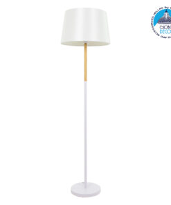 GloboStar® CEDAR 00828 Μοντέρνο Φωτιστικό Δαπέδου Μονόφωτο 1 x E27 Λευκό Μεταλλικό Καμπάνα με Λευκό Ύφασμα & Εφέ Ξύλου D40 x H148cm