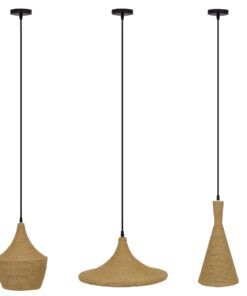 GloboStar® SHANGHAI ROPE 00875 SET 3 Μοντέρνα Κρεμαστά Φωτιστικά Οροφής Τρίφωτο 3 x E27 με Μπεζ Σχοινί Μεταλλικά Καμπάνα