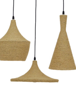 GloboStar® SHANGHAI ROPE 00875 SET 3 Μοντέρνα Κρεμαστά Φωτιστικά Οροφής Τρίφωτο 3 x E27 με Μπεζ Σχοινί Μεταλλικά Καμπάνα