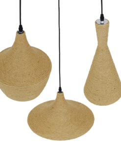 GloboStar® SHANGHAI ROPE 00875 SET 3 Μοντέρνα Κρεμαστά Φωτιστικά Οροφής Τρίφωτο 3 x E27 με Μπεζ Σχοινί Μεταλλικά Καμπάνα